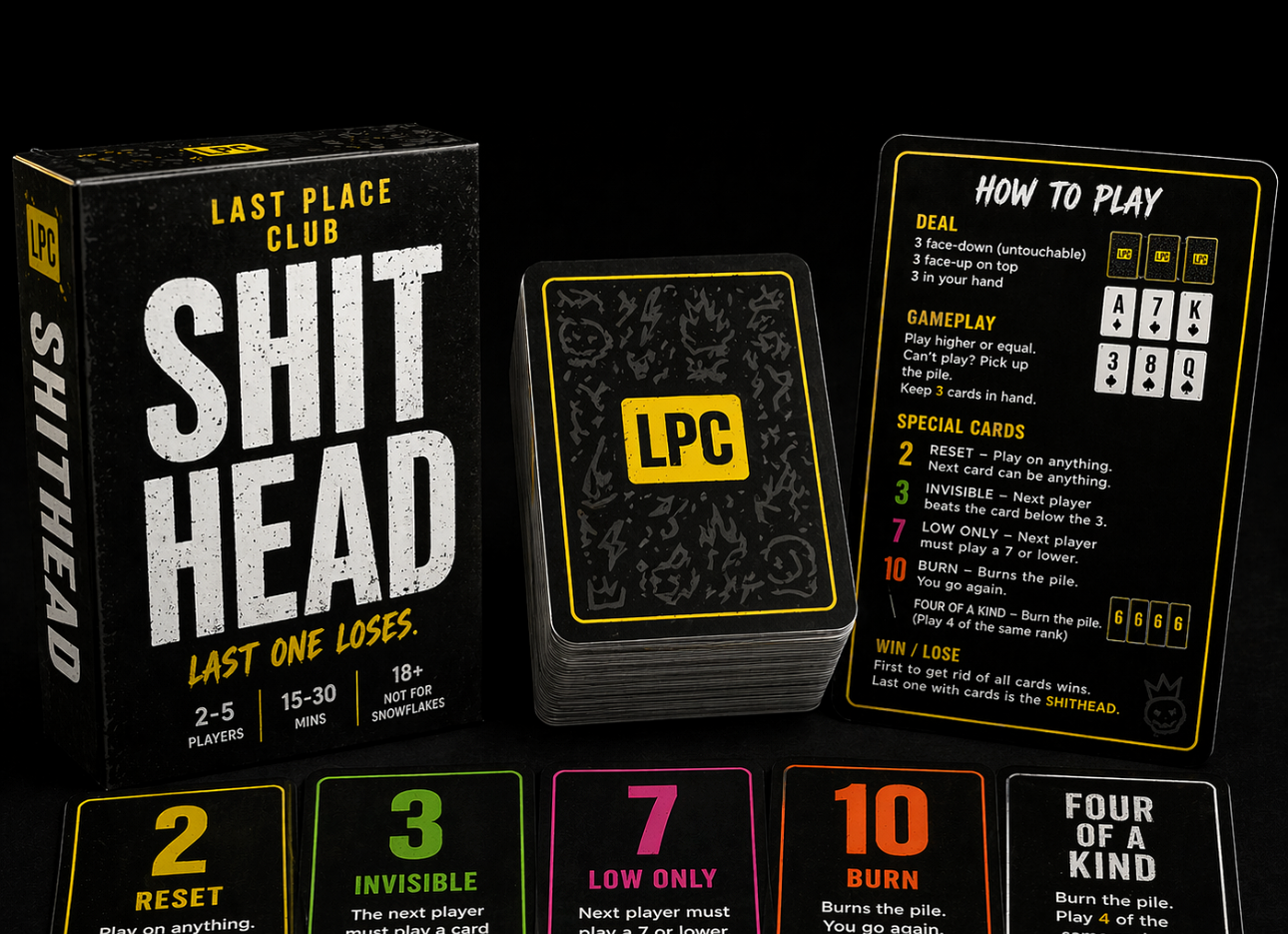 Shithead card game box, deck, rules card, and special cards