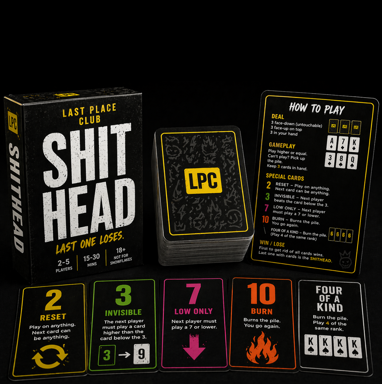 Shithead card game box, deck, rules card, and special cards